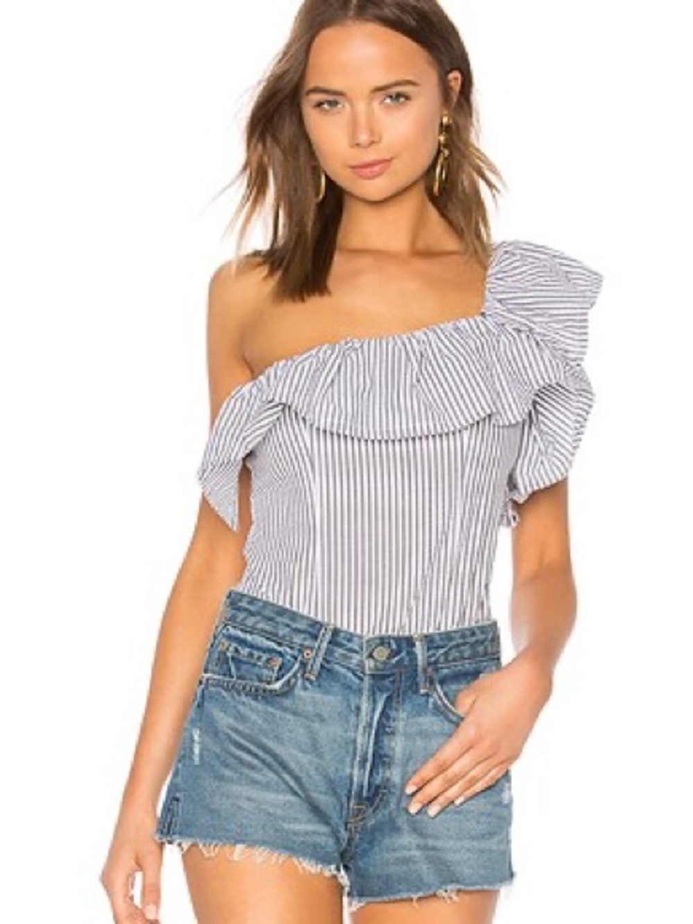 Kendall & Kylie Black and White Striped One-Shoulder Ruffle Bodysuit S